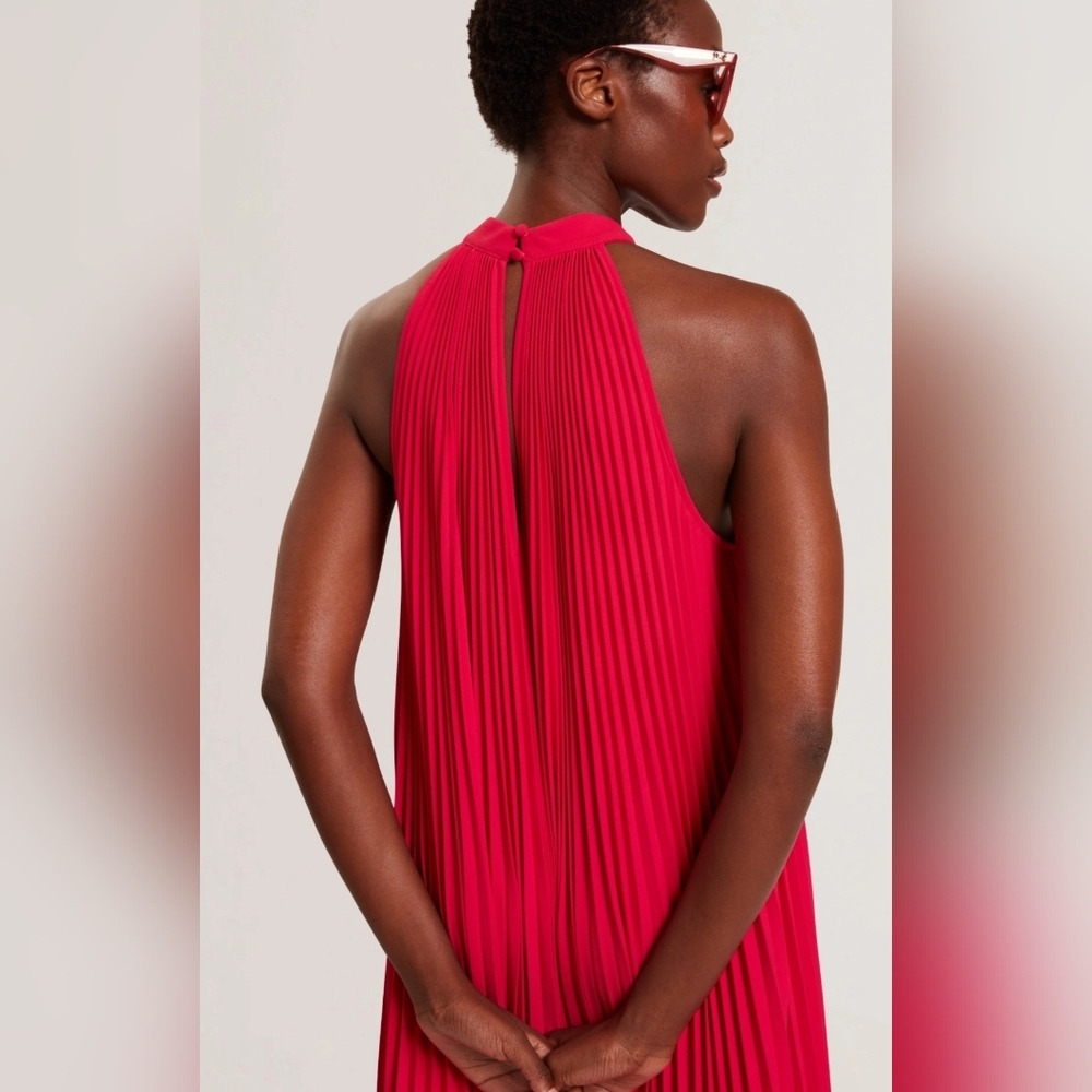 *NWT* Marina Women Trapeze Dress Red Mini Pleated Chiffon Holiday Vacay Medium